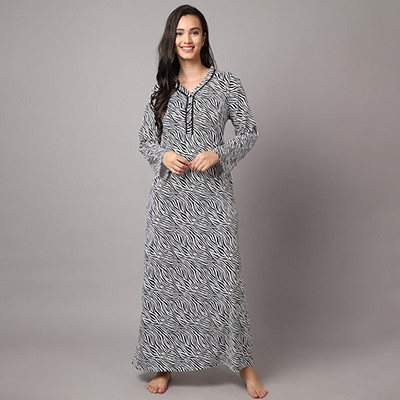 Women Black & White Printed Maxi Nightdress