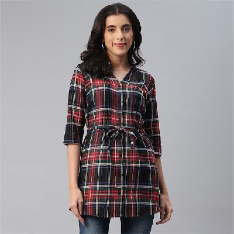 Multicoloured Mandarin Collar Checked Cotton Tunic