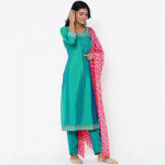 Women Sea Green & Pink Solid Kurti with Salwar & Dupatta