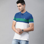 Men White Blue Slim Fit Colourblocked Polo Collar Pure Cotton T-shirt