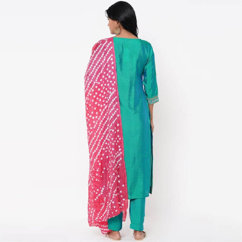 Women Sea Green & Pink Solid Kurti with Salwar & Dupatta