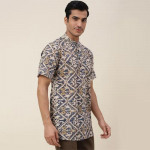 Men Beige & Blue Mandarin Collar Cotton Short Kurta