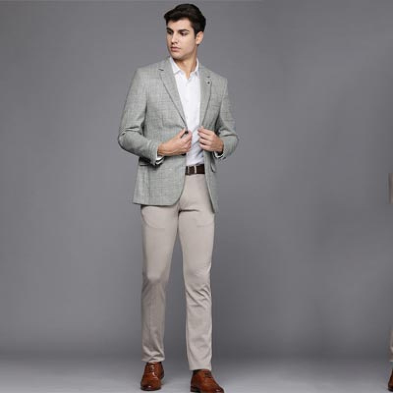 Men Grey Checked Single-Breasted Long Sleeves Formal Blazer