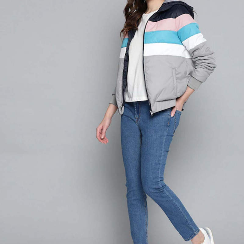 Women Grey & Navy Blue Striped Bomber Jacket