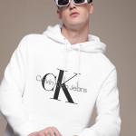 "Men White Printed Hooded Sweatshirt "