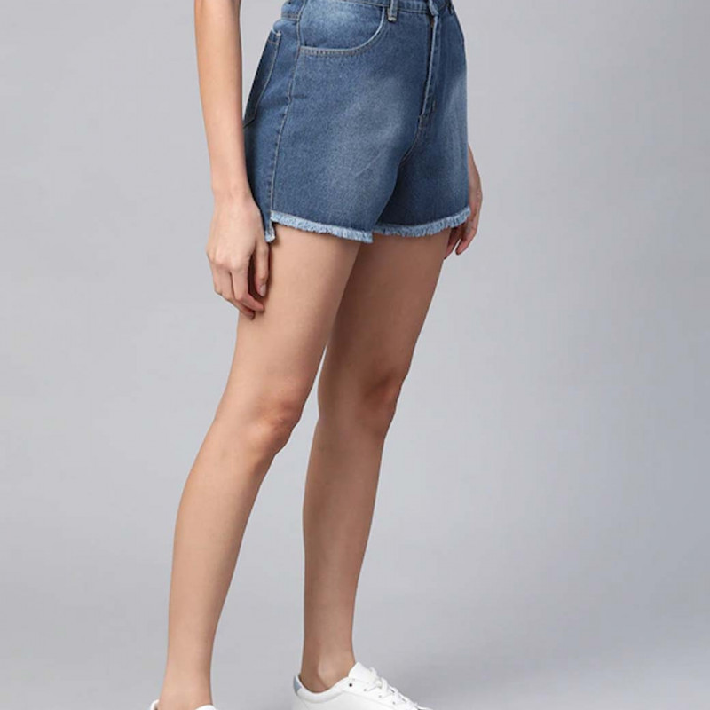 Women Blue Washed High-Rise Pure Cotton Denim Shorts