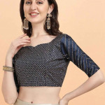 Cream-Coloured & Navy Blue Embellished Sequinned Semi-Stitched Lehenga & Unstitched Blouse With