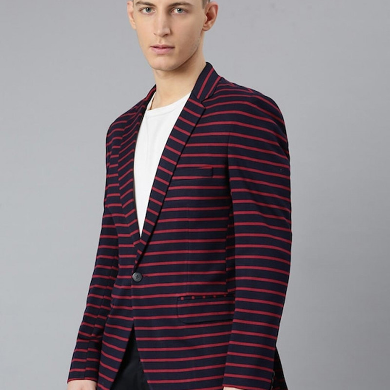 Men Navy Blue & Red Striped Single-Breasted Casual Blazer