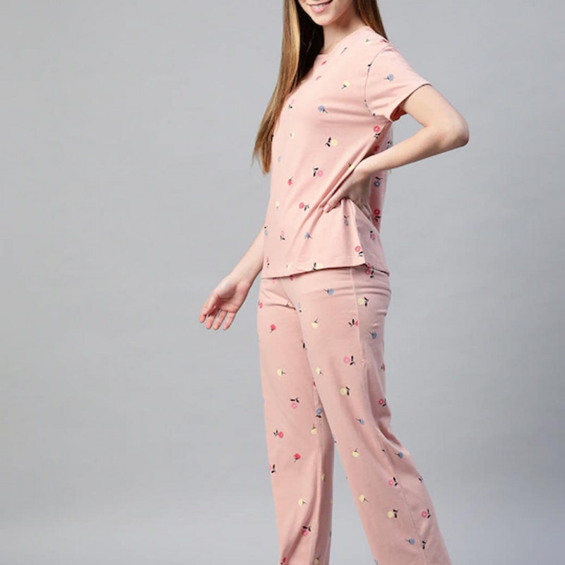 "Women Pink & Navy Blue Printed Night suit "