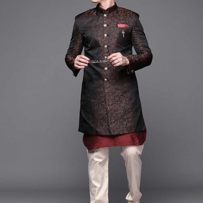 Men Maroon & Brown Ethnic Motifs Sherwani