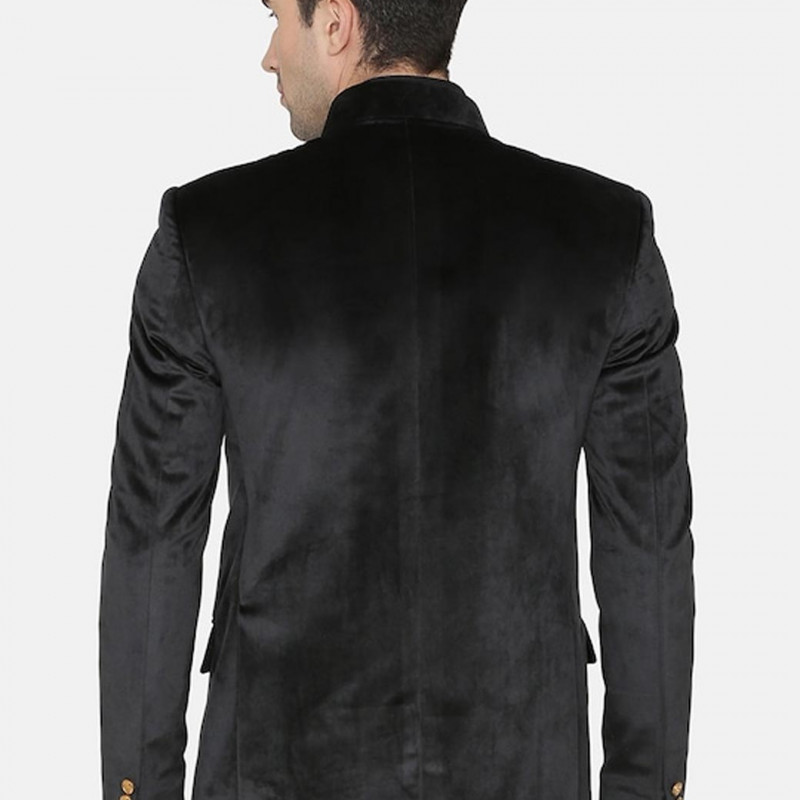 Men Black Solid Regular Fit Bandhgala Blazer